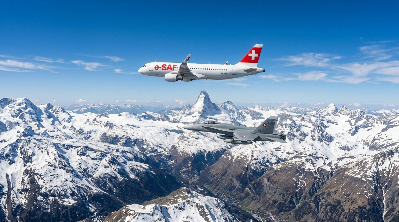 Airliner in e-SAF livery and a Swiss Air Force jet above the Matterhorn